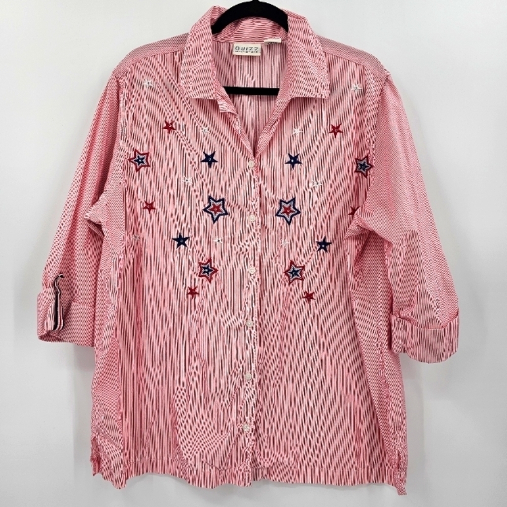 Quizz‎ Red White Striped Star Button Down Shirt Tunic Patriotic Top Plus Size 18